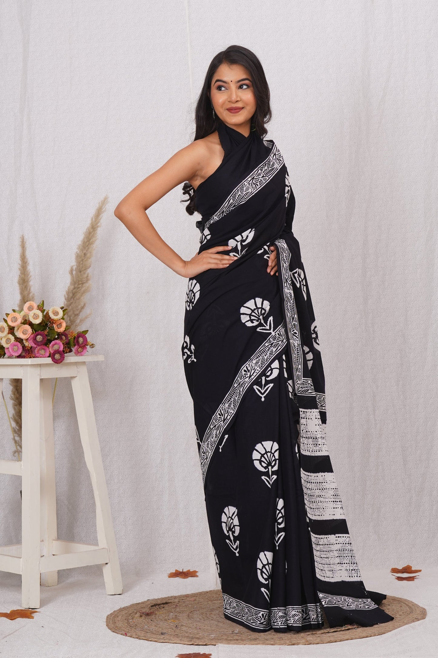 Classic Black and White Floral Saree
