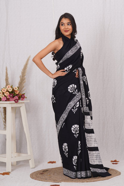 Classic Black and White Floral Saree