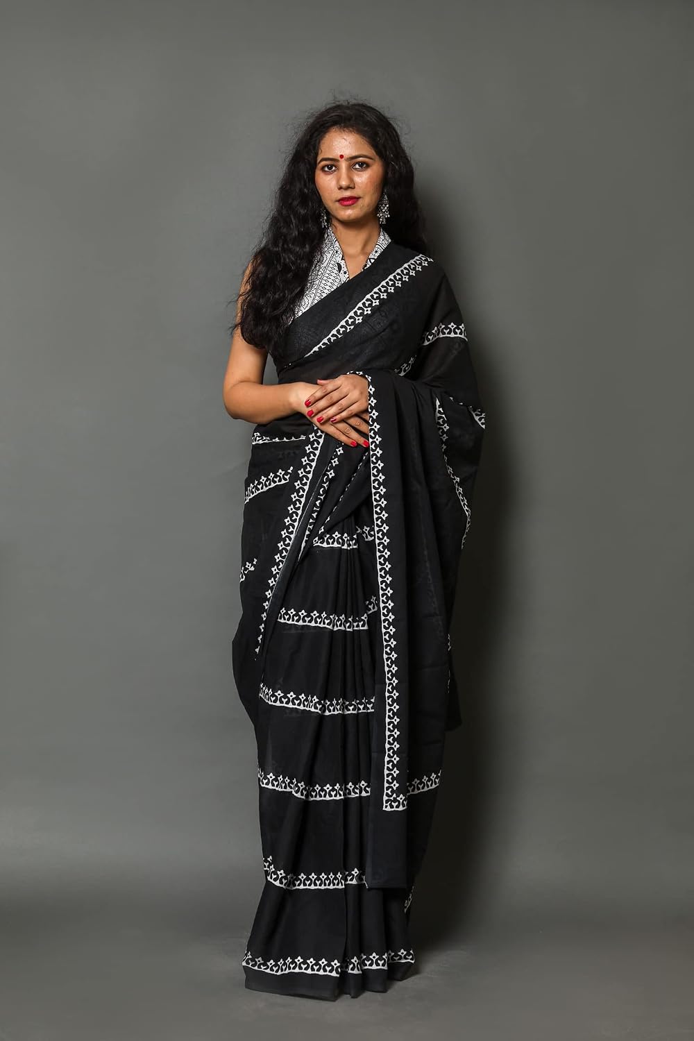 Classic Black and White Block-Printed Saree
