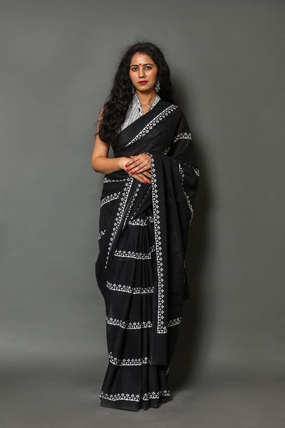 Classic Black and White Block-Printed Saree
