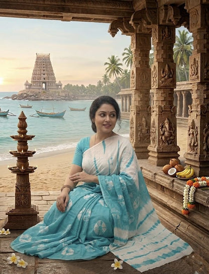 Turquoise and White Tie-Dye Saree with Shibori Motifs