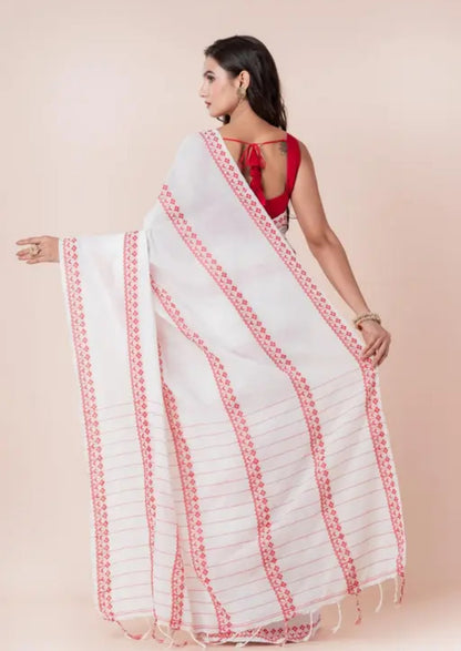 White Saree with Traditional Red Embroidery