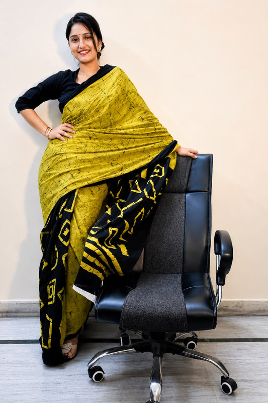 Mustard Yellow and Black Geometric Batik Saree