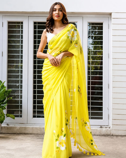 Radiant Yellow Hand-Painted Floral Saree