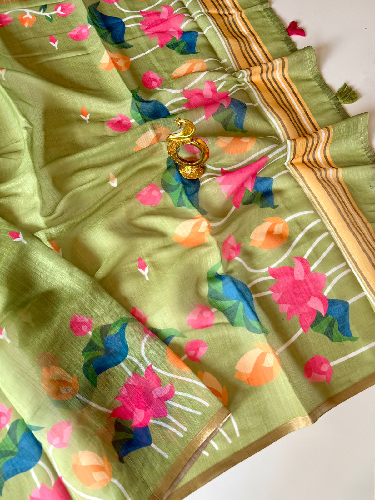 Light Green Linen Saree with Vibrant Lotus Prints