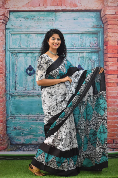 Teal and Black Diamond-Motif Batik Saree