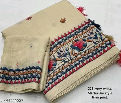 Ivory White Madhubani Style Linen Saree