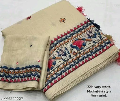 Ivory White Madhubani Style Linen Saree