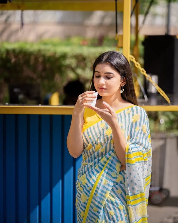 Refreshingly Bright Blue and White Striped Saree with Lemon Print
