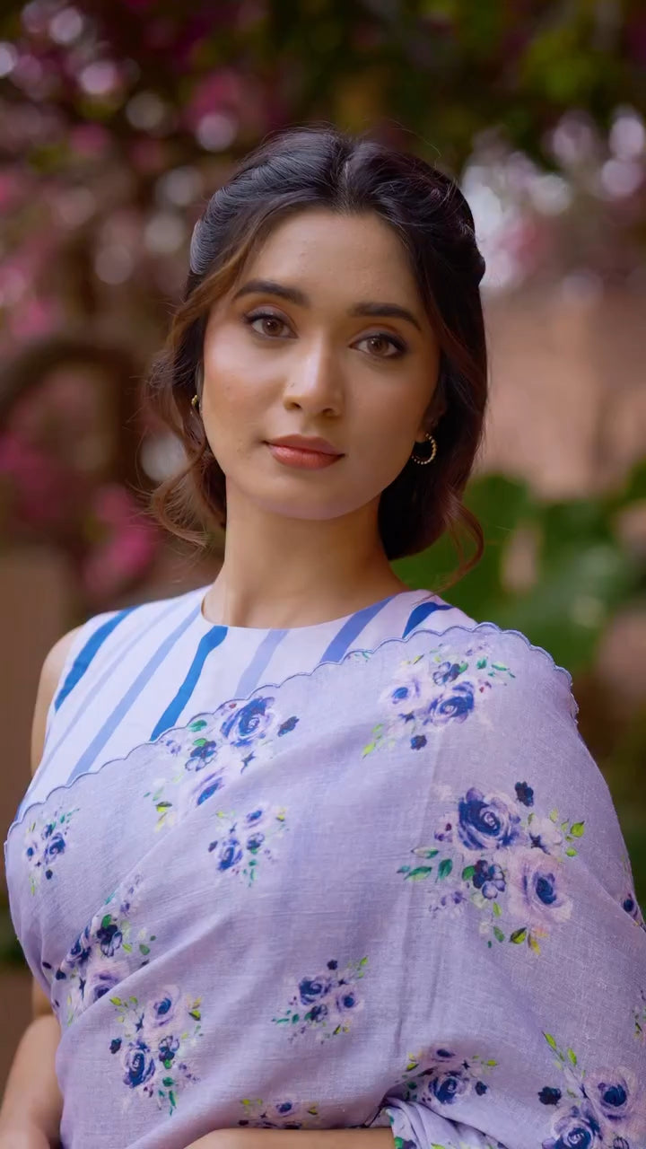 Lavender Floral Linen-Cotton Saree