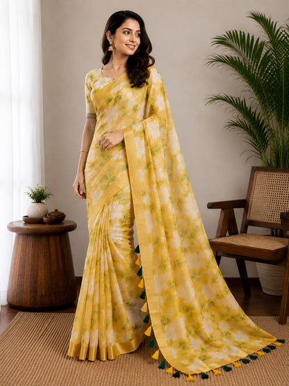 Vibrant Yellow Floral Saree with Tassel Detail