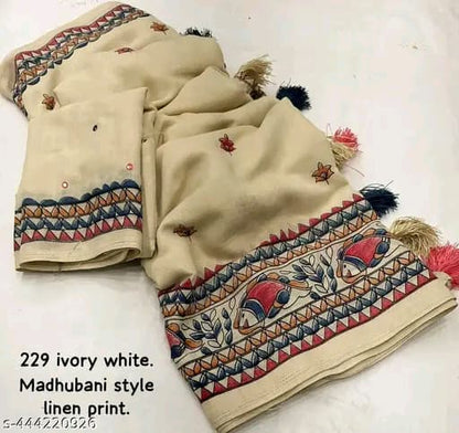 Ivory White Madhubani Style Linen Saree