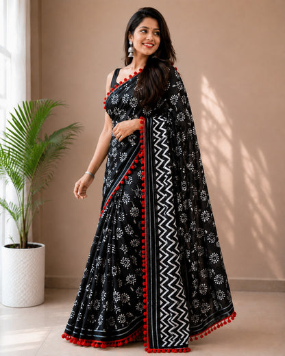 Black and White Floral Print Saree with Red Pom-Pom Lace