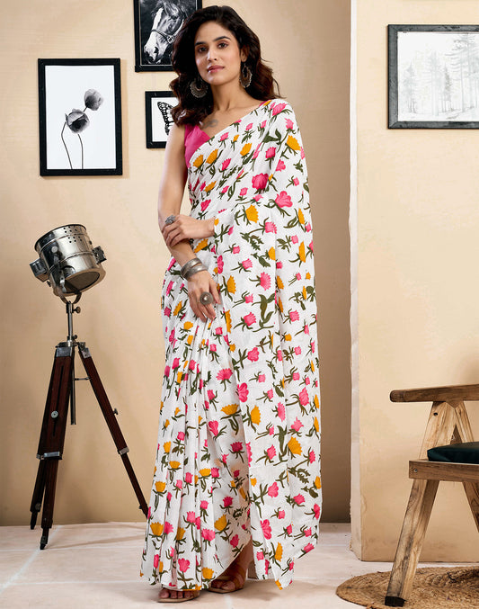 White Floral Printed Saree with Vibrant Pink Accents
