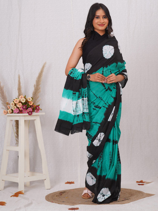 Black and Teal Abstract Tie-Dye Saree