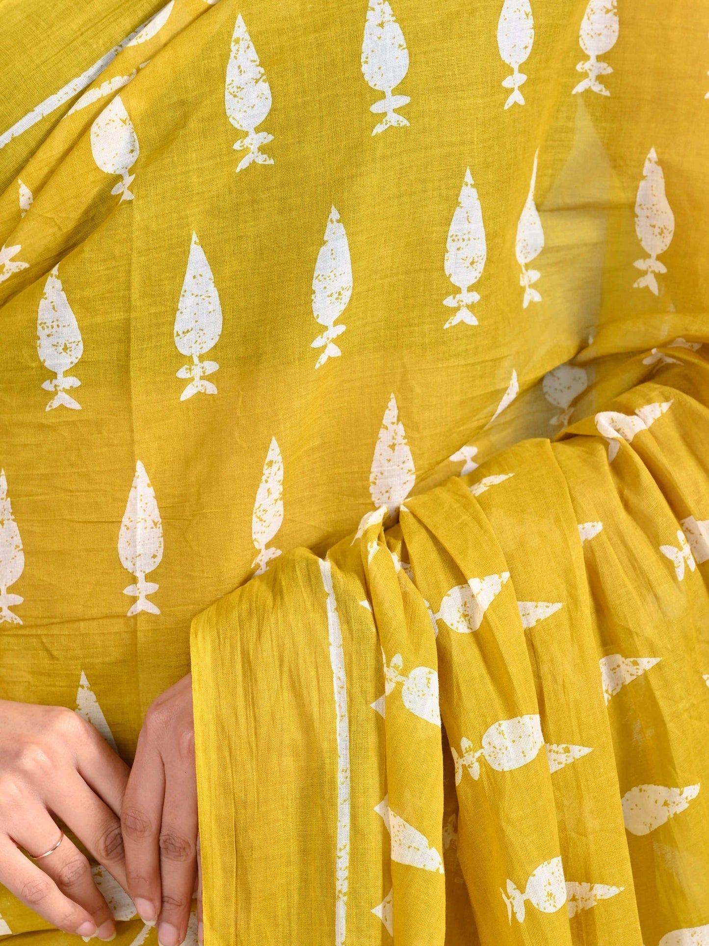 Mustard Yellow Cotton Saree with White Block Prints