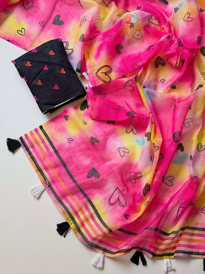 Vibrant Pink Heart-Print Saree with Multicolored Border