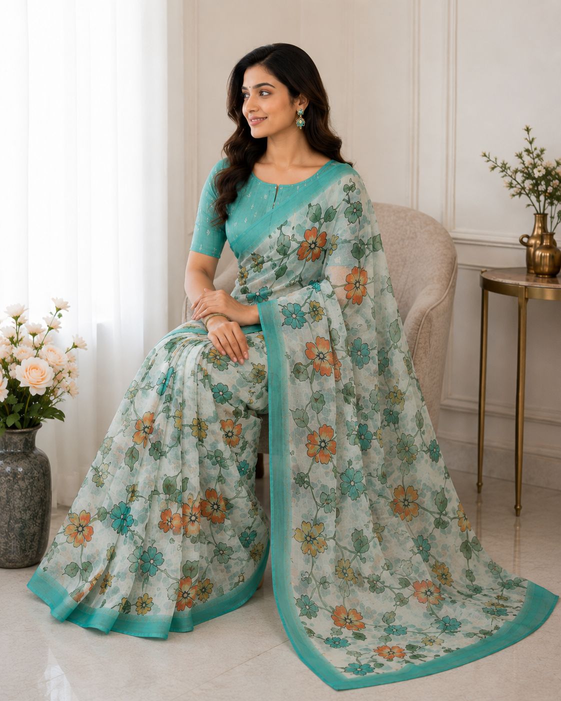 Floral Pastel Saree with Teal Border