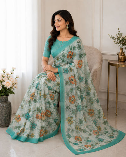 Floral Pastel Saree with Teal Border