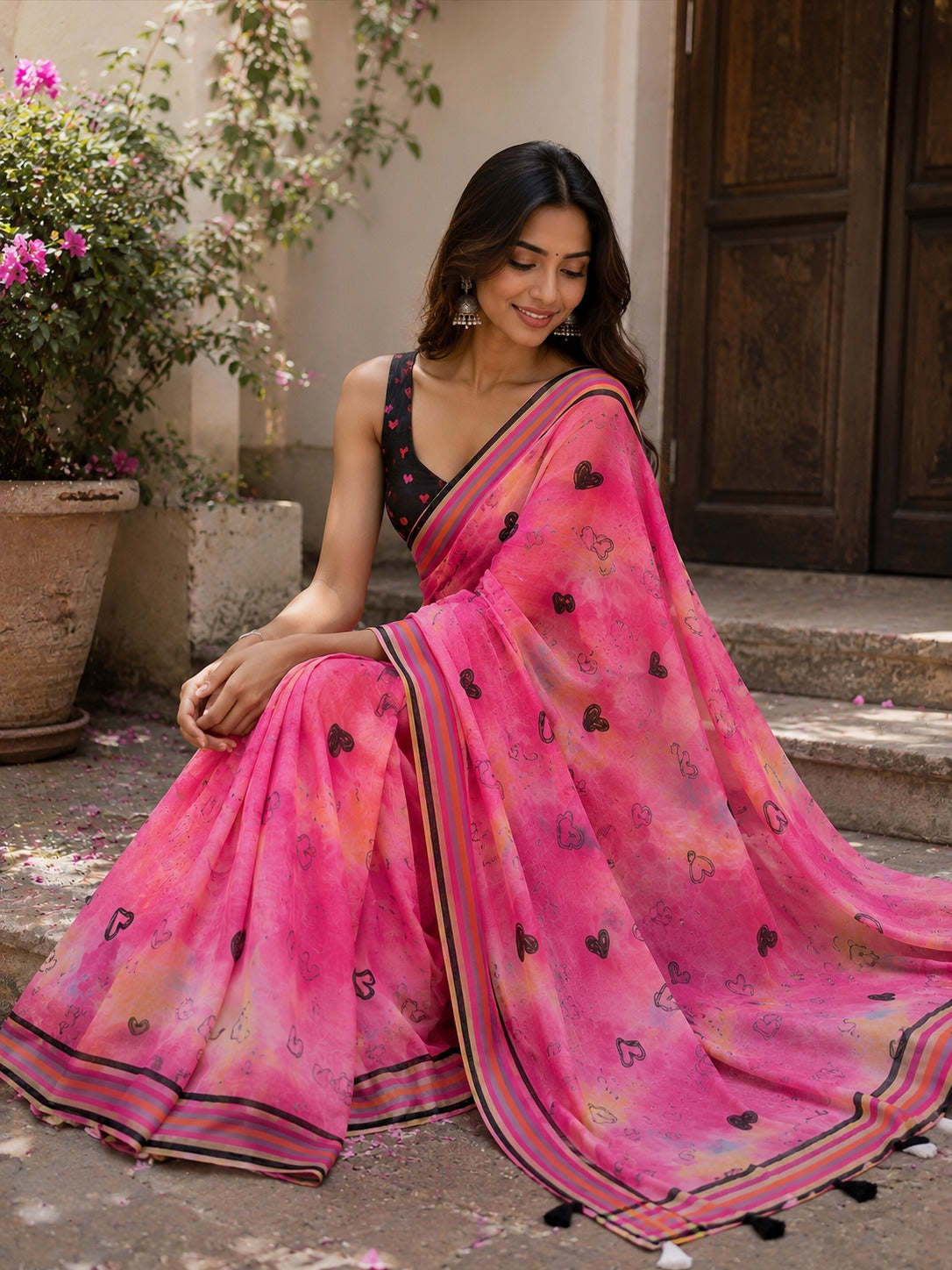 Vibrant Pink Heart-Print Saree with Multicolored Border