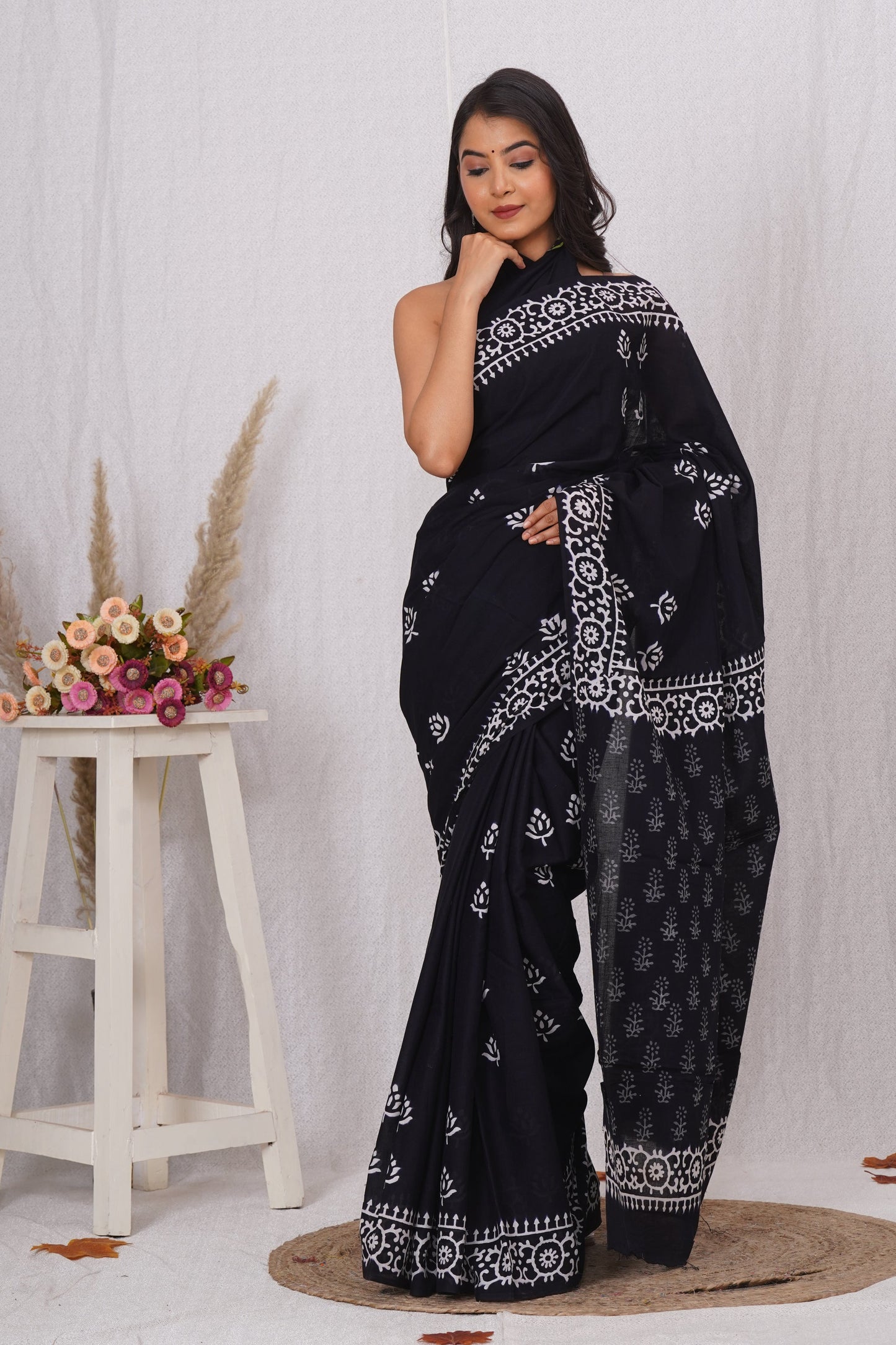Classic Black and White Floral Batik Saree