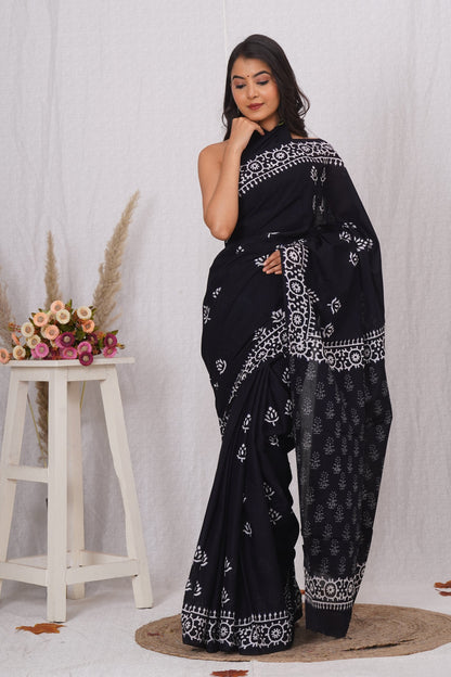 Classic Black and White Floral Batik Saree