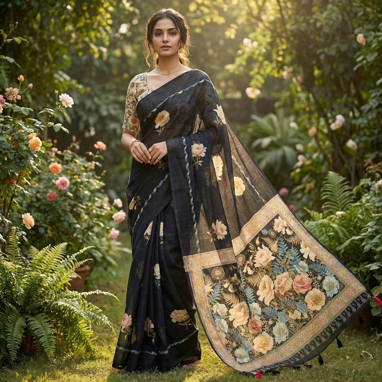 Black Botanical Print Linen Saree