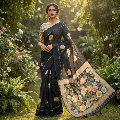 Black Botanical Print Linen Saree