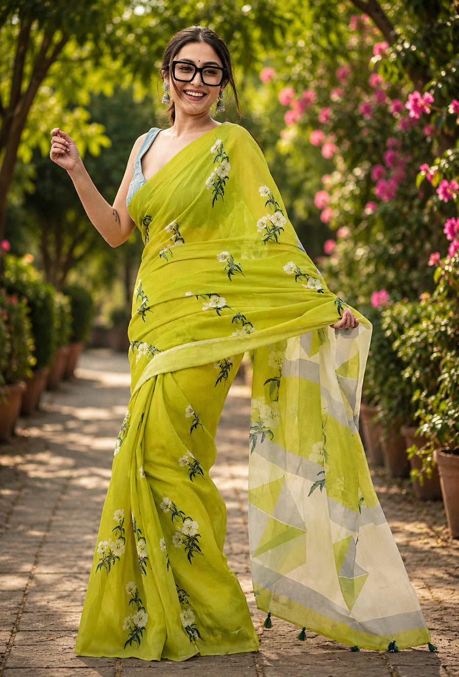 Lime Green Floral Print Saree with Geometric Pallu
