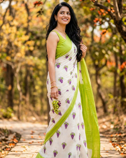 Off-White Saree with Grape Print and Lime Green Border