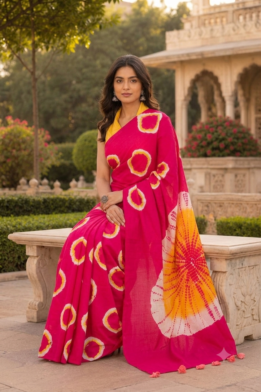 Vibrant Fuchsia Tie-Dye Saree with Yellow Accents