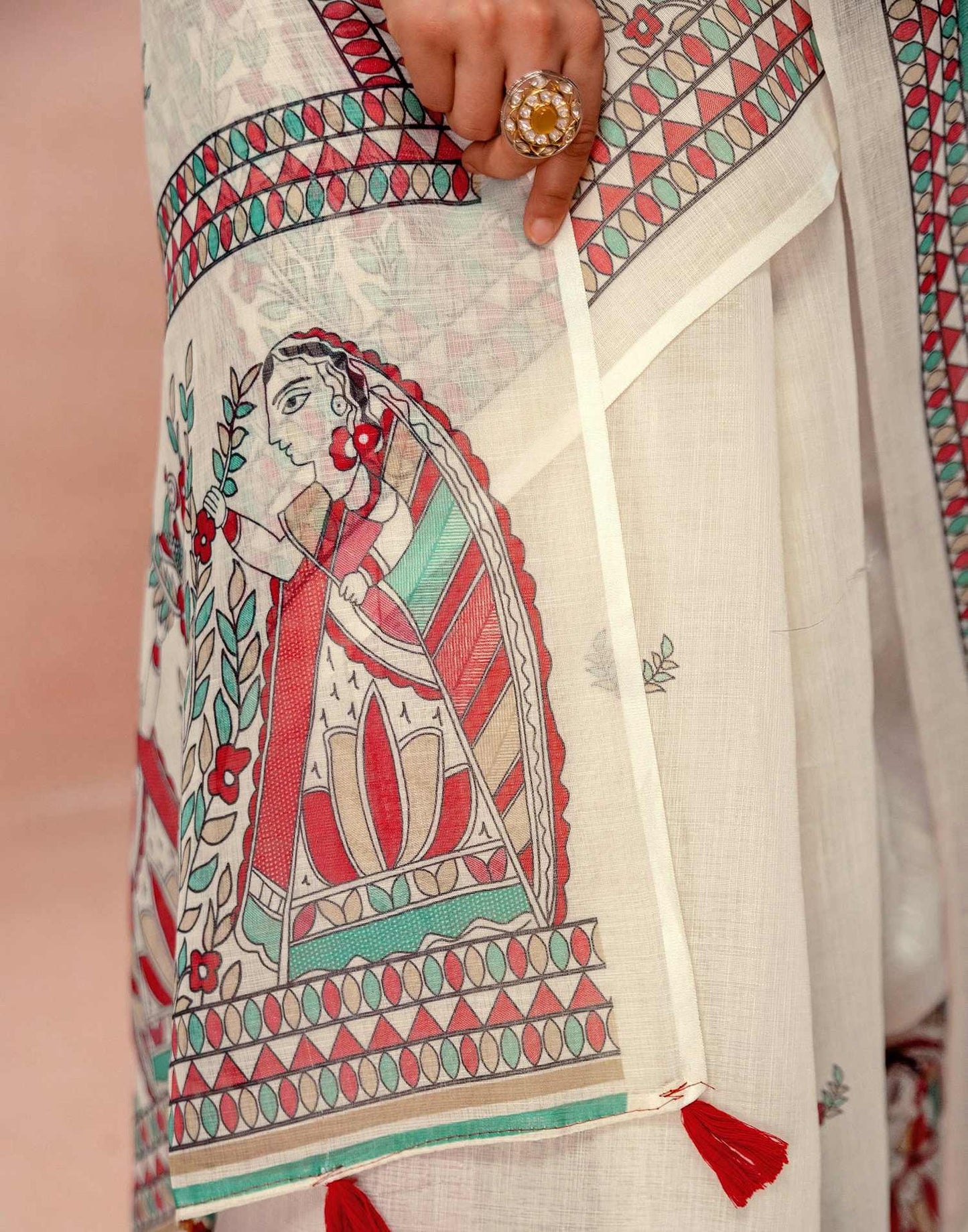 Off-White Linen Saree with Red and Teal Folk Art Print