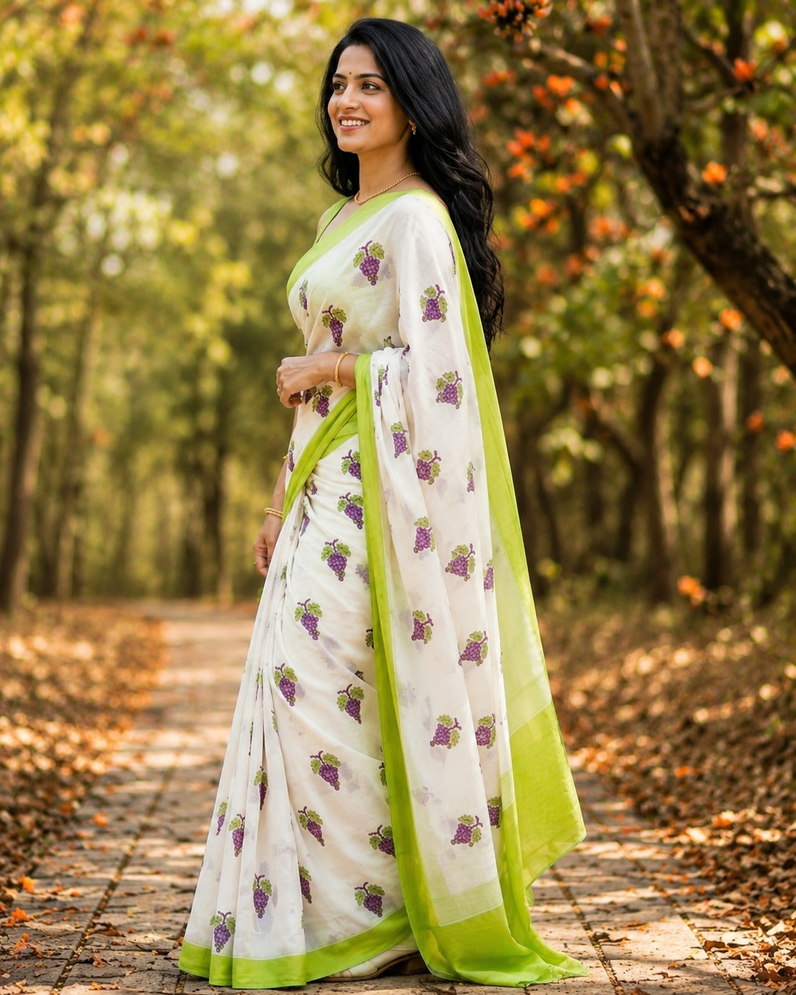 Off-White Saree with Grape Print and Lime Green Border