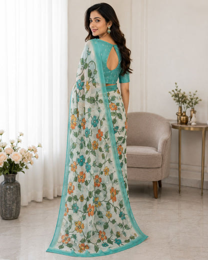 Floral Pastel Saree with Teal Border