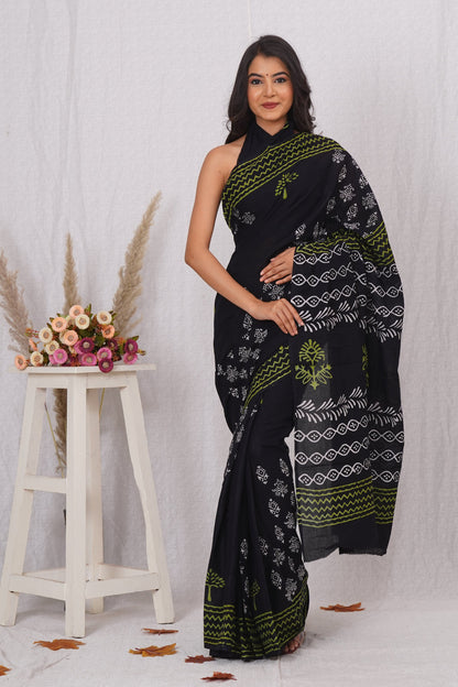 Black and Lime Green Abstract Printed Saree
