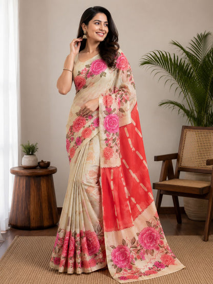 Elegant Cream and Red Floral Hand-Block Saree