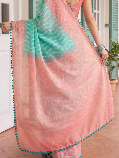 Aqua Blue and Peach Saree with Pom-Pom Lace