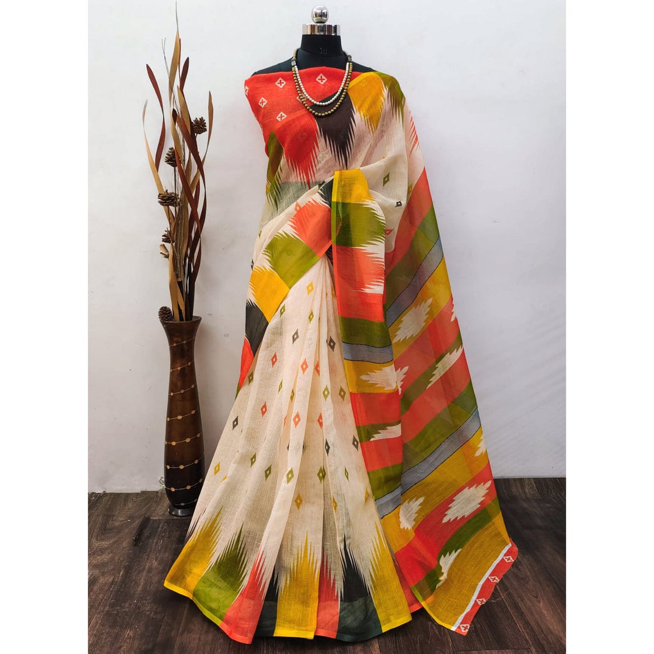 Off-White Ikat-Patterned Saree with Multicolored Accents