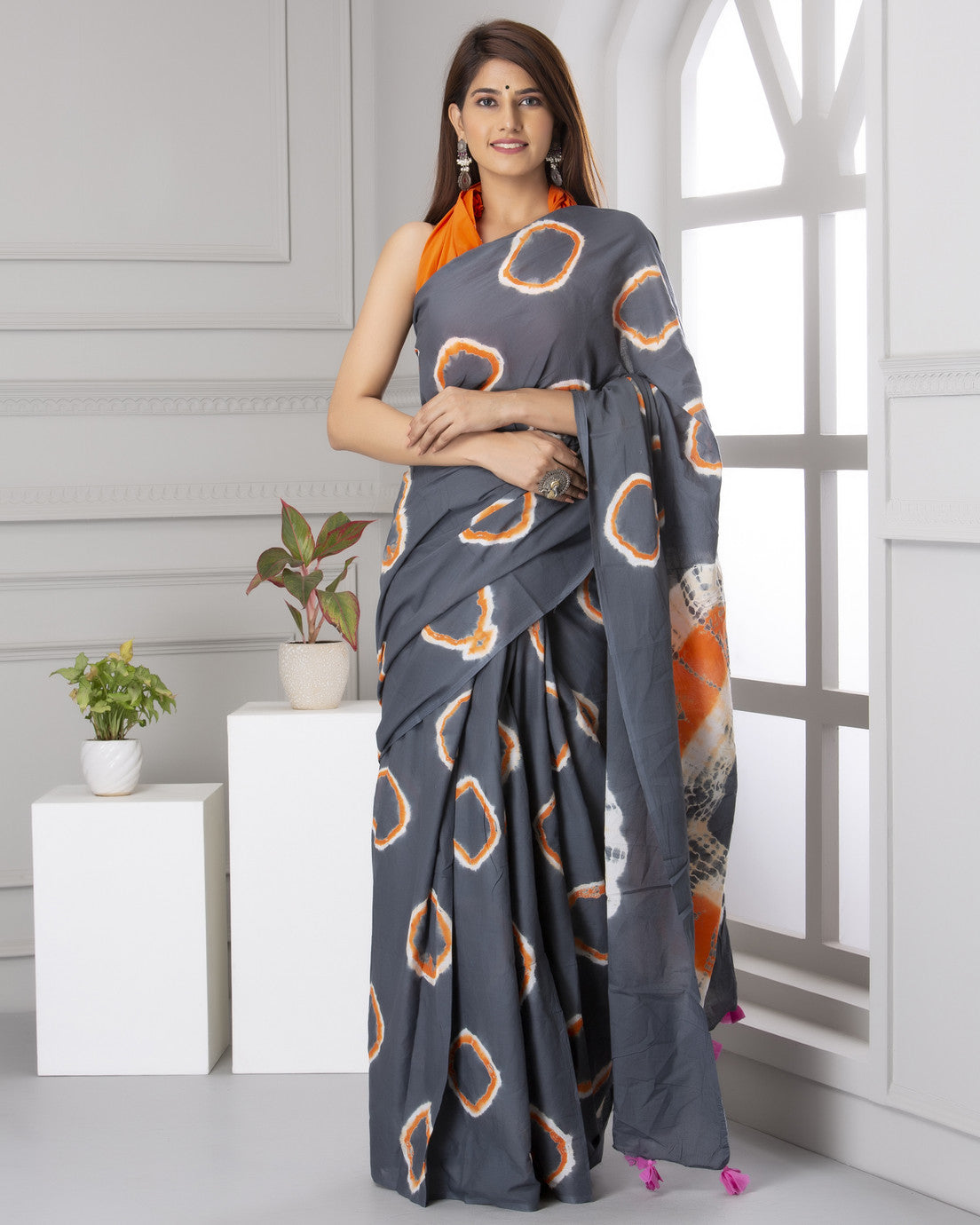 Grey and Orange Tie-Dye Saree with Tassel Detail