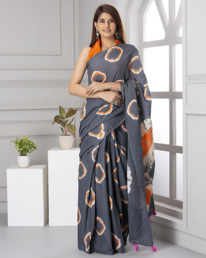 Grey and Orange Tie-Dye Saree with Tassel Detail