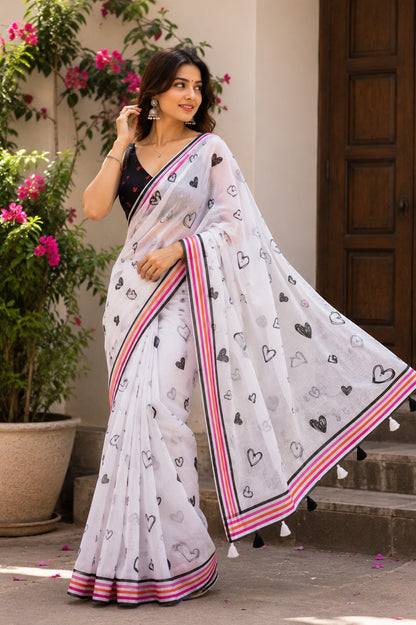 White and Black Heart-Print Saree with Multicolored Striped Border