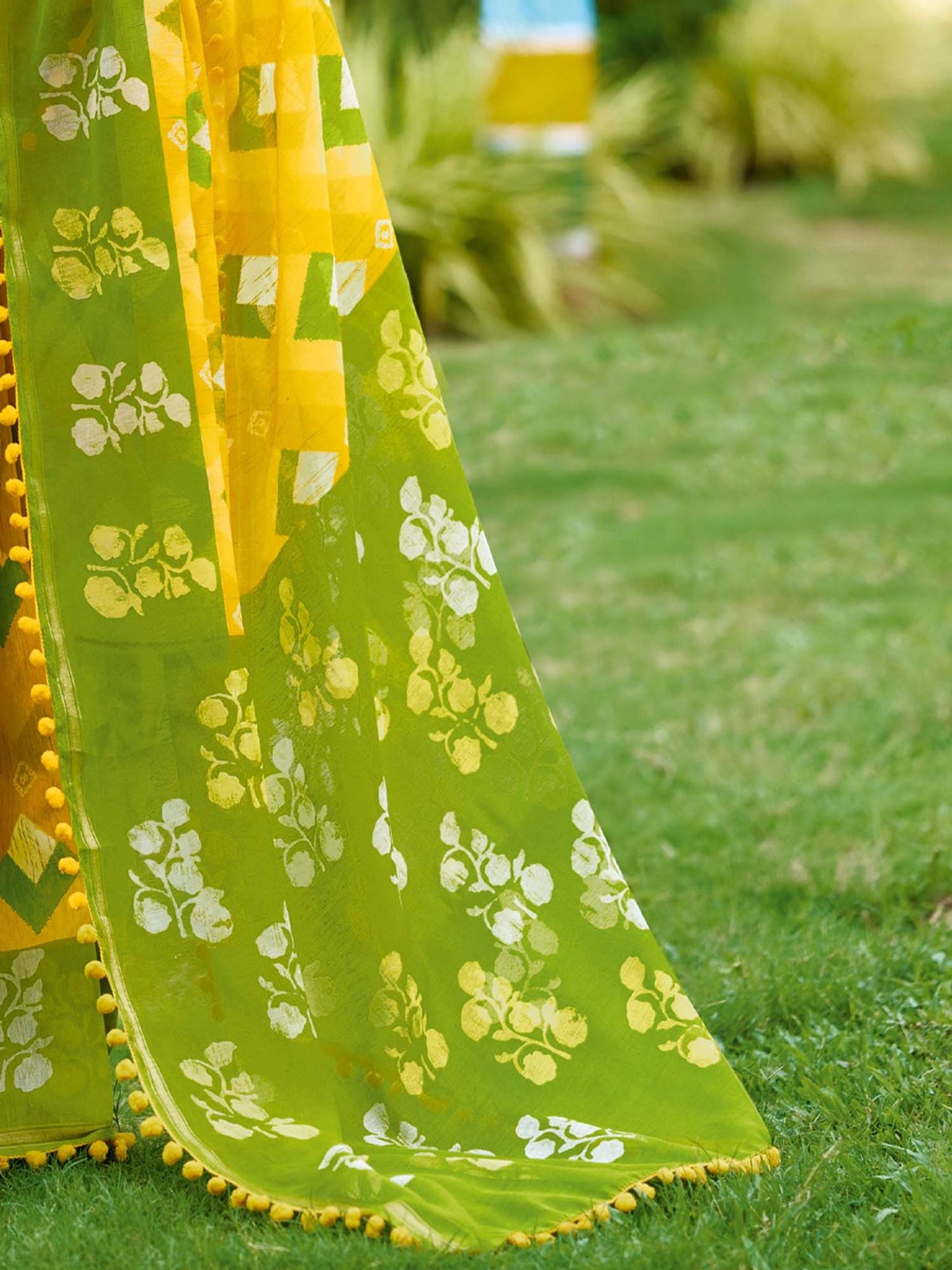 Yellow and Olive Green Printed Saree with Pom-Pom Lace