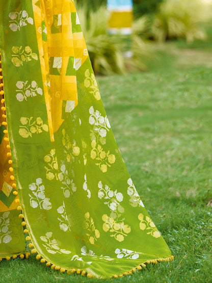 Yellow and Olive Green Printed Saree with Pom-Pom Lace