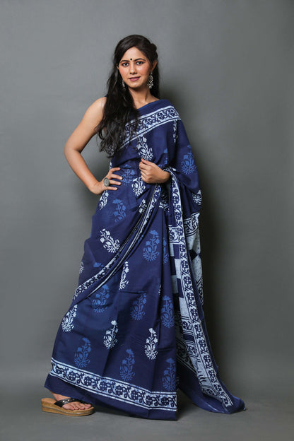 Indigo Blue Block-Printed Saree with Geometric Pallu