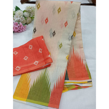 Off-White Ikat-Patterned Saree with Multicolored Accents