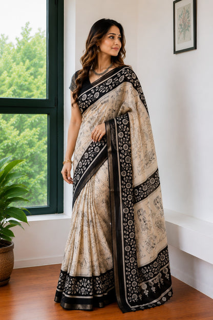 Beige and Black Kalamkari-Style Printed Saree