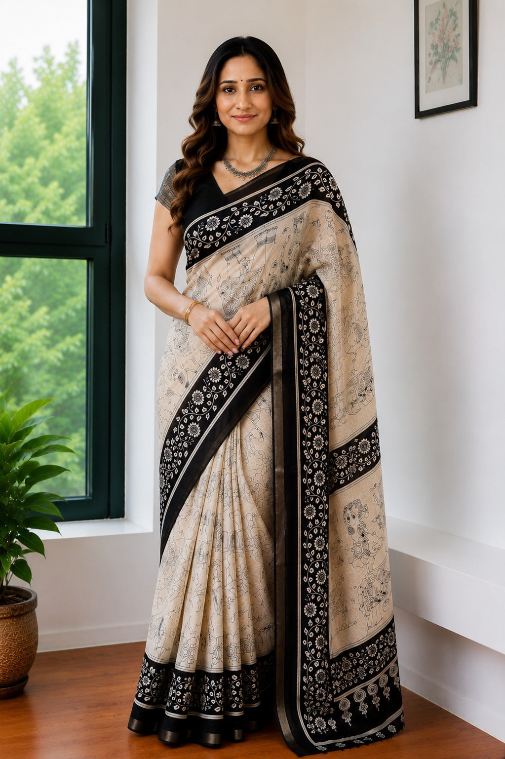 Beige and Black Kalamkari-Style Printed Saree