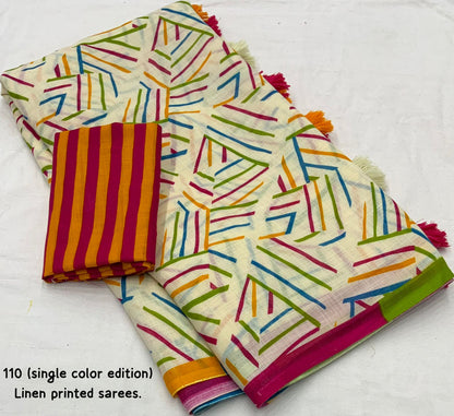 Abstract Geometric Print Saree with Striped Blouse