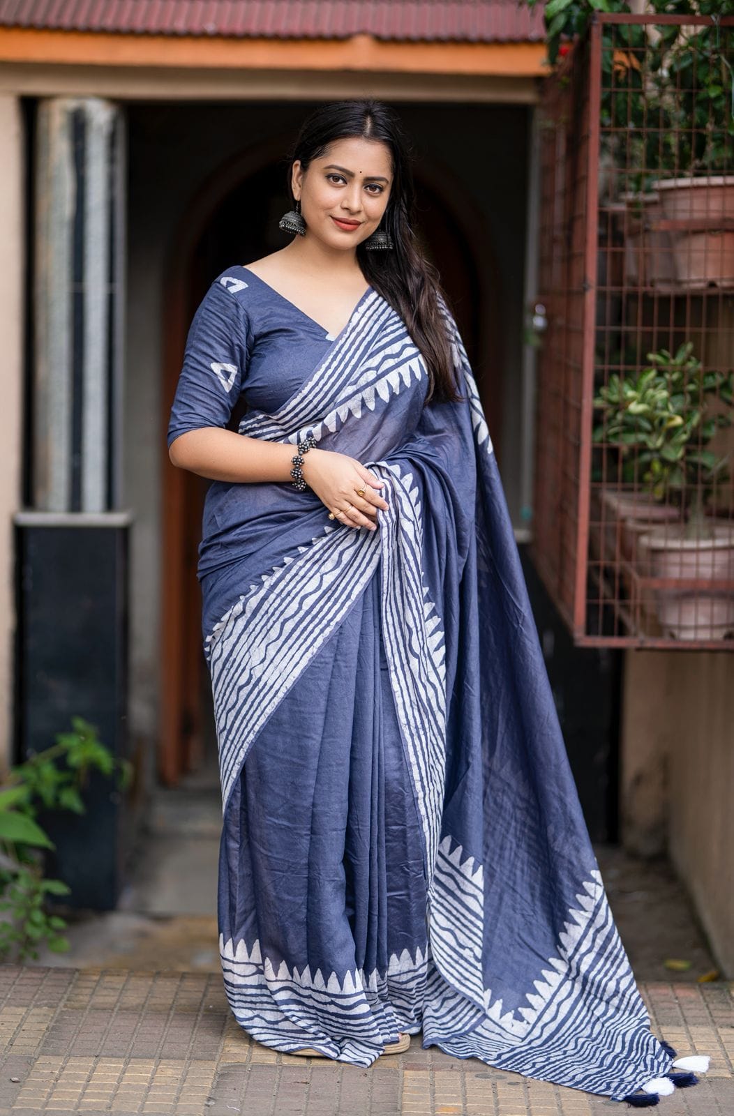 Indigo Blue and White Batik Linen Saree