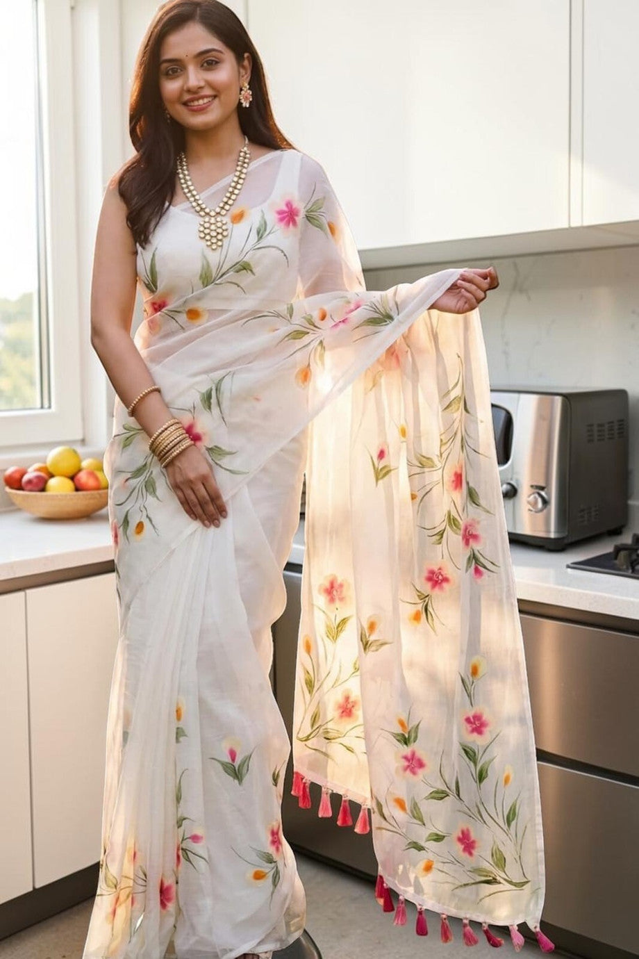 White Organza Saree with Hand-Painted Floral Motifs